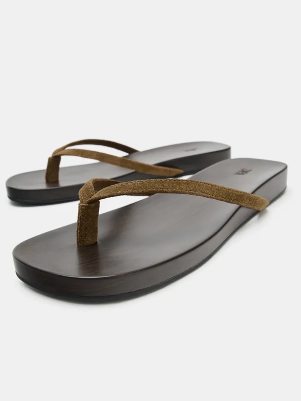 Zara Flat Suede Toe Loop Sandals Dark Tan Leather Size 38 EU 7.5 US NWT